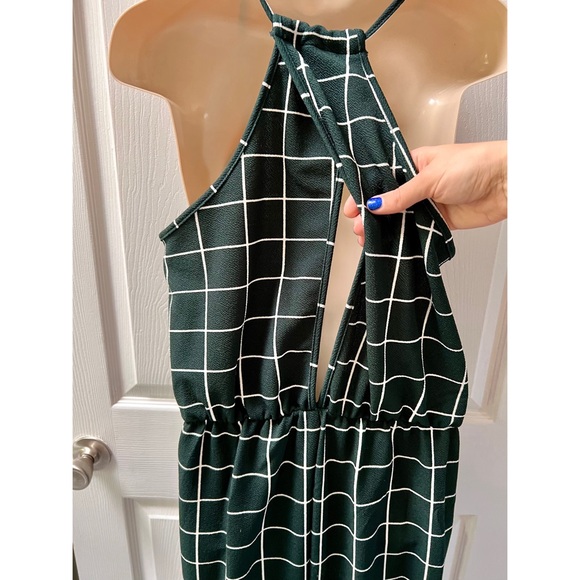 🟩 Dark Green Plaid Jumpsuit Playsuit Grid Pattern Geometric Stripe Cut Out Back - Picture 9 of 12
